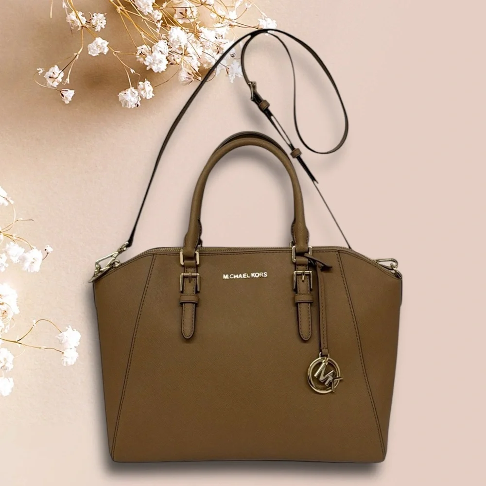 Michael Kors Camel-Beige Saffiano Leather Double Top Handles Satchel Bag Purse